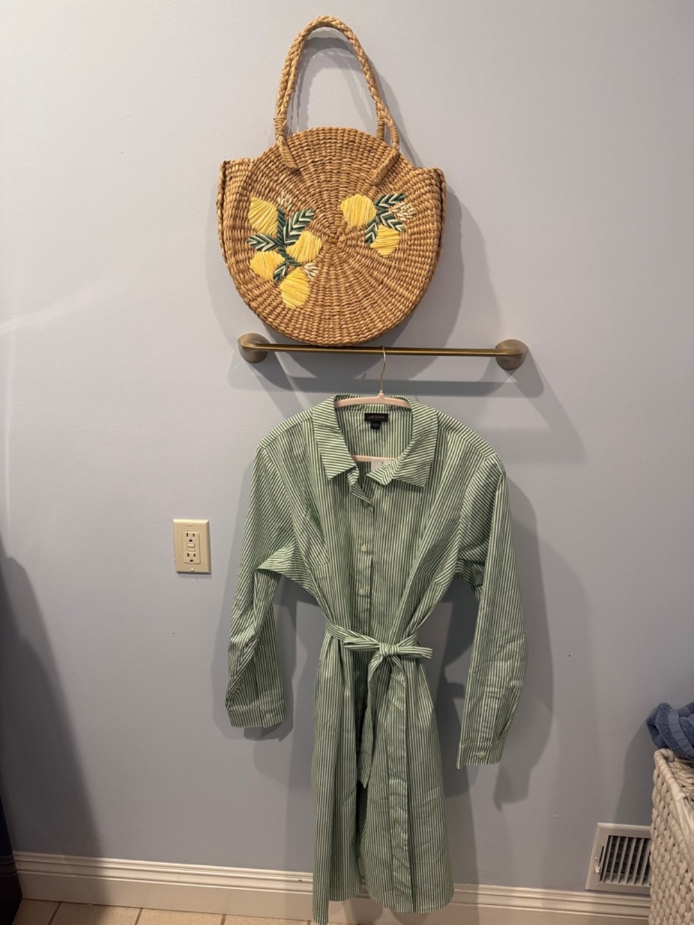 J Jill/ Green and White Striped Shirt Dress and beachy handbag